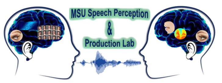 MSU Speech Perception & Production Lab — two head profiles with brains and a speech waveform
